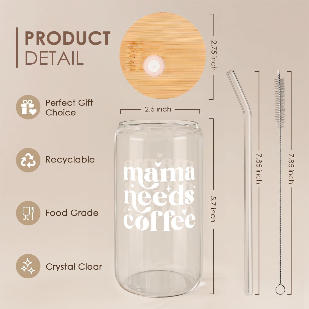 SANDJEST Mom Glass Can, Mama Needs Coffee Cup with Lid & Straw, Iced Coffee Aesthetic Cups, Idea Gifts for Christmas Birthday Mother Day, Gifts for Women, 16oz