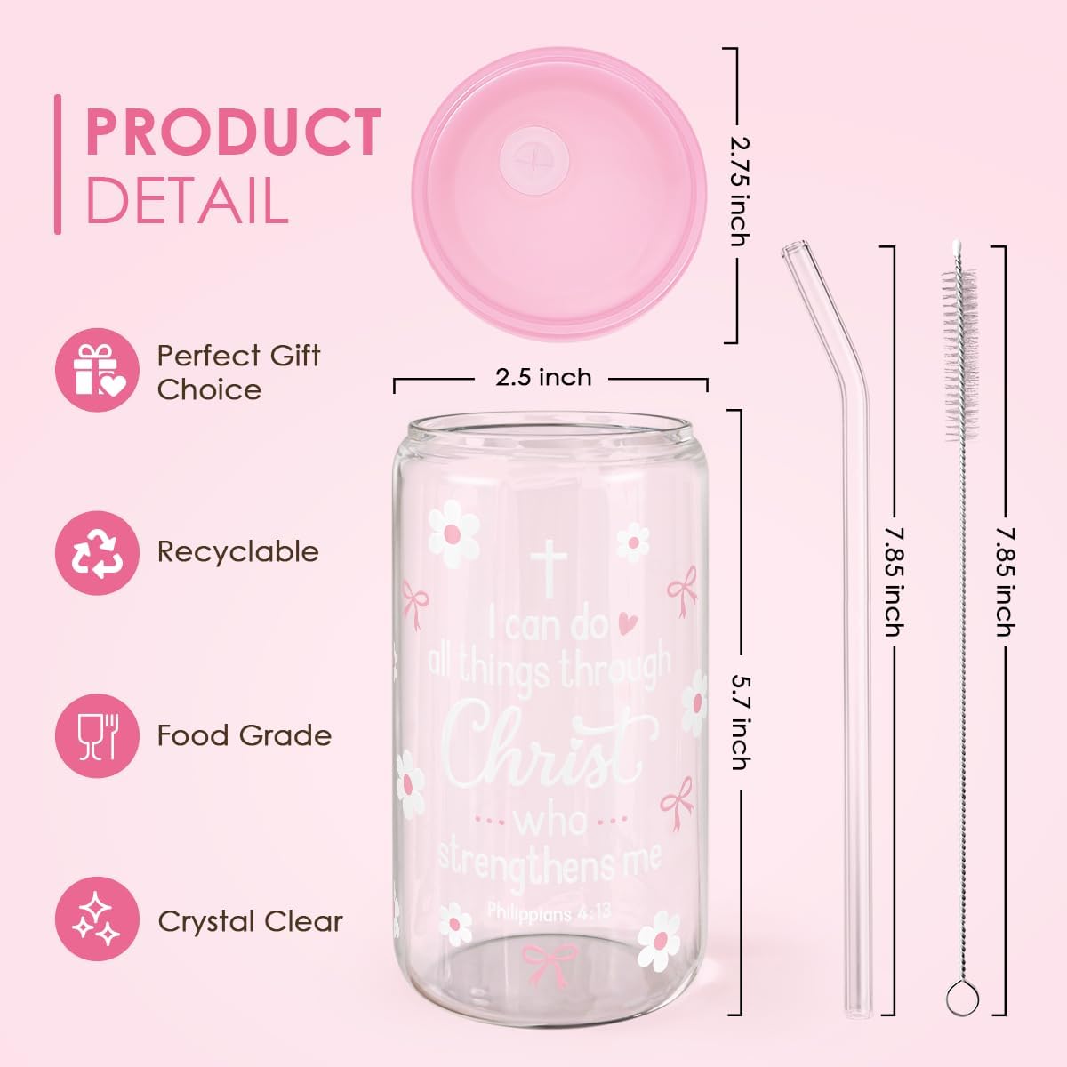 SANDJEST Christian Glass Can Tumbler 16oz, Inspirational Glass Cup with Lid & Straw, Iced Coffee Aesthetic Cups for Women Girls, Gifts Idea for Christmas Birthday
