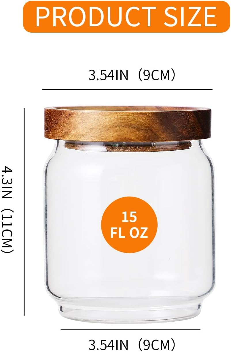 Glass Jars with Wood Lids 6 Pack with 112 Labels, 15 OZ Storage Food Canister for Coffee| Sugar| Snacks| Nuts