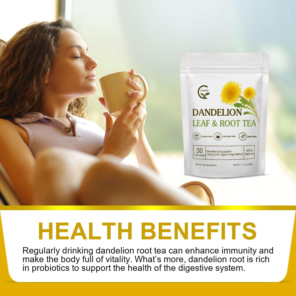 Organic Dandelion Leaf & Root Tea, Supports Kidney Function and Healthy Digestion, Caffeine Free, 30 Tea Bags