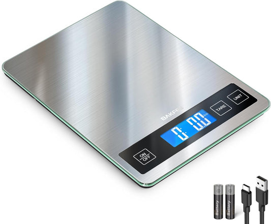 Food Scale, 33lb Digital Kitchen Scale with Stainless Steel & Tempered Glass, USB Rechargeable, 1g / 0.05oz Precise Graduation, Waterproof and Sturdy Surface, for Cooking, Baking, Weight Loss