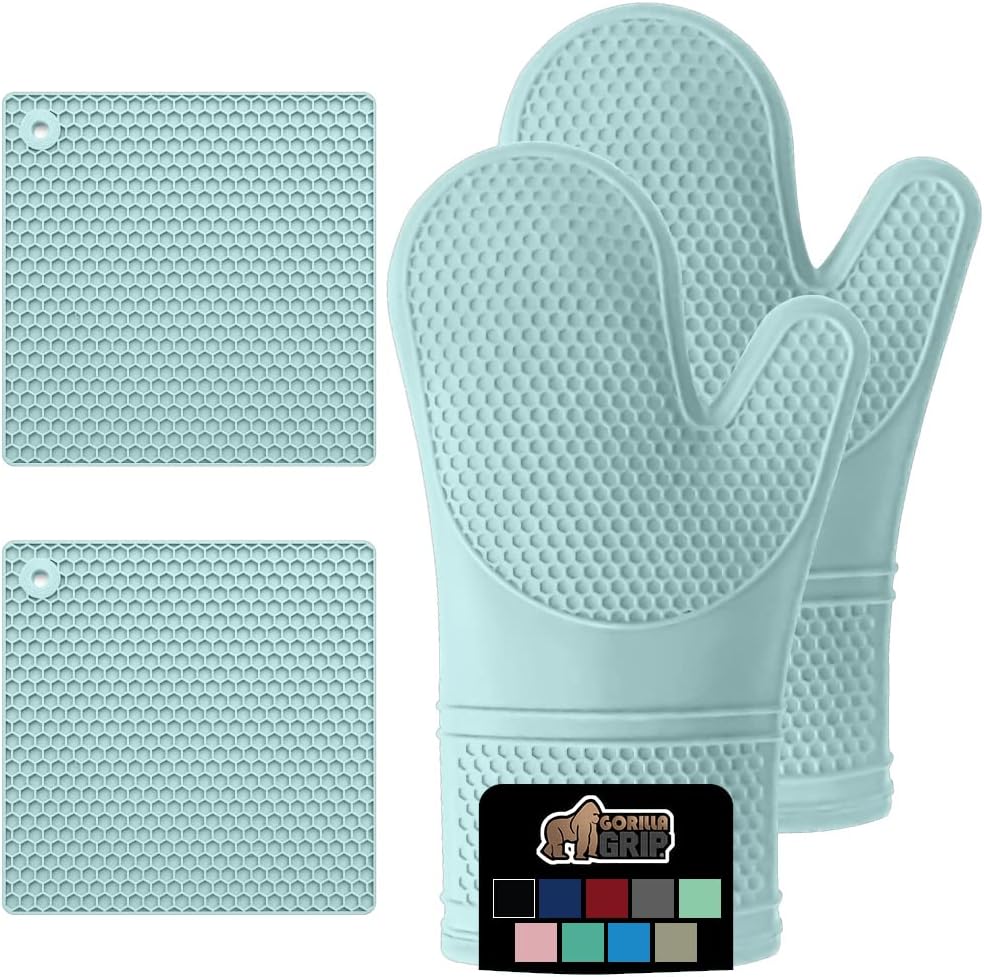 GORILLA GRIP BPA-Free Soft Silicone Oven Mitts and Pot Holders Sets of 4, Heat Resistant Waterproof Cooking Gloves, Thick Cotton Lining, Flexible Gripping for Baking Grilling, Kitchen Trivets, Mint