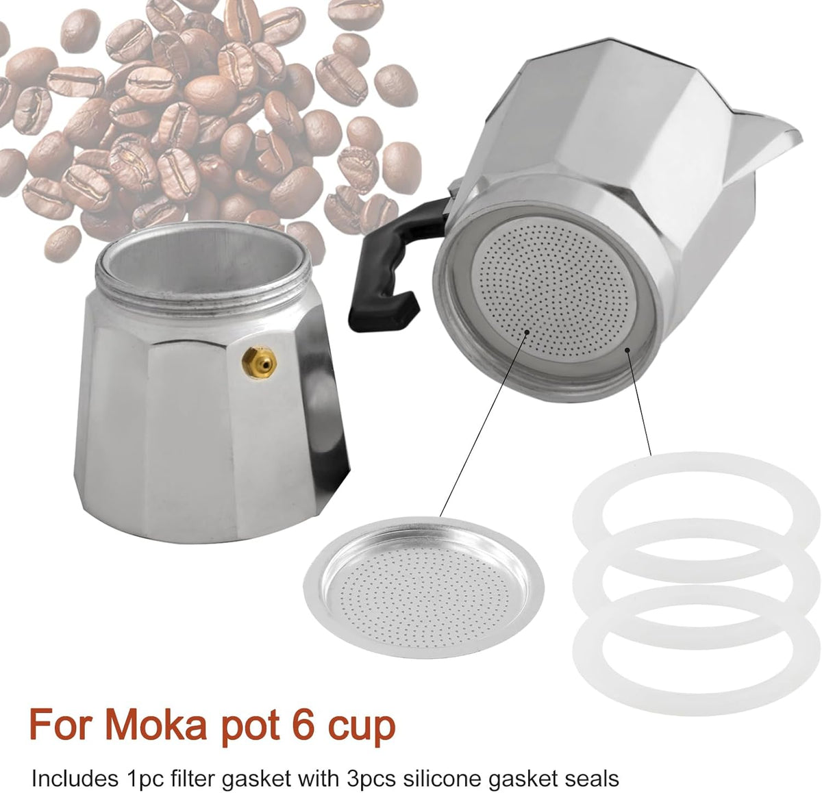 2/3/6/9/12 Cup Gasket & Filter For Stovetop Espresso Coffee Makers, Rubber Seal For Stove Top Coffee Maker Moka Pot, Silicone Gasket Seals, Espresso Machine Replacement Parts(6 cup)