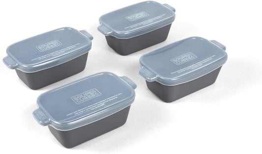 Souper Cubes Stoneware - Small Ceramic 5" x 3" Baking Dish with Silicone Covers, Small Baking Dishes for Oven Perfect for Reheating Single Serve Portions, Set of 4 - Charcoal