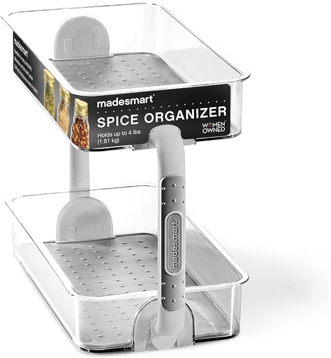 madesmart Two Level Spice Organizer-Cabinet Collection Maximizes Vertical Space, Removable Soft-Grip Lining, Dual Handles &BPA-Free, Small, Grey