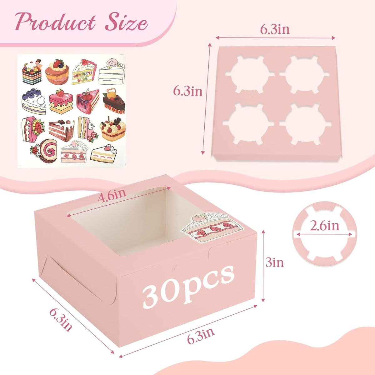 OAMCEG 30 Pack Cookie Boxes with Window, 6x6x3 Inches Pink Cupcake Boxes, Bakery Treat Boxes with Stickers & Twine for Pastry, Desserts, Strawberries, Cupcakes, Gift Giving