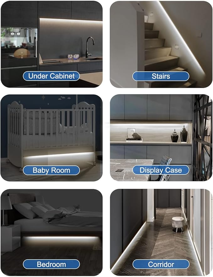 Motion Sensor Led Light Strip - Under Cabinet Lighting with Power Adapter, 6 Adjustable Brightness and Timing, Light Strips for Kitchen Cabinets, Stair, Showcase, Bedroom, 16.4ft 6000K ColdWhite