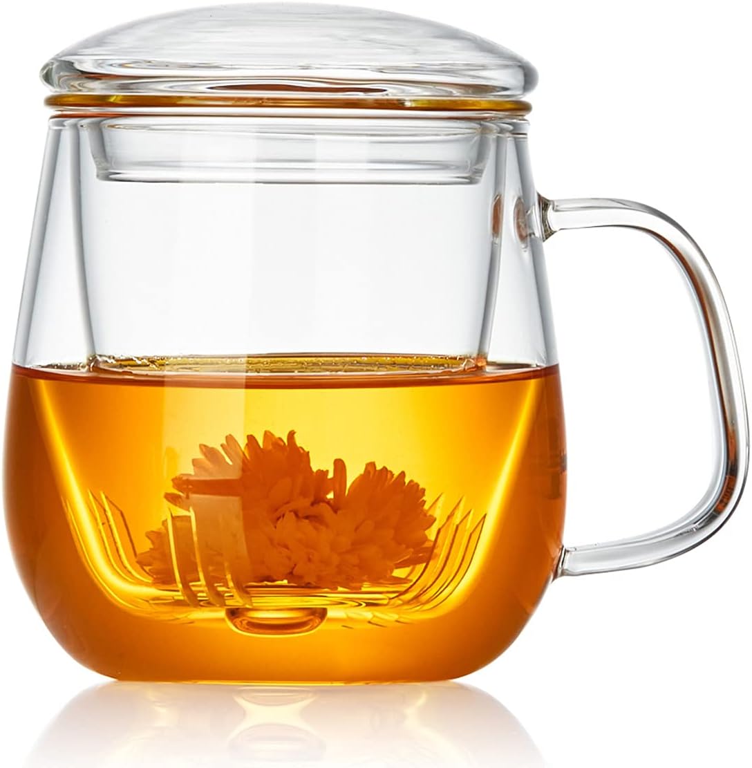 Glass Tea Cup with Infuser and Lid, 17.6oz/520ml Large Borosilicate Teacup,Tea Glass, Clear Mug for Loose Leaf Tea, Blooming Tea, Microwave & Dishwasher Safe - Tea Maker Gift for Birthday