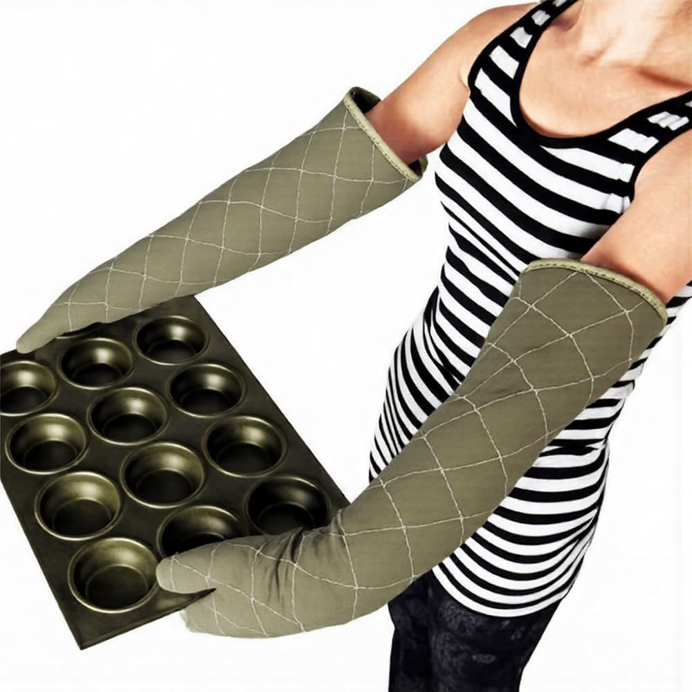 Extra Long 24 Inch Heat Resistant Oven Gloves New Cotton Oven Mitts Kitchen Gloves High Temperature Cooking Tool BBQ Gloves (24" Green, 24 Inch)