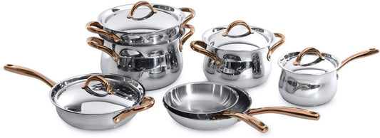 BergHOFF 11 Piece Ouro Cookware Set with Gold Handles, Silver/Rose, Large