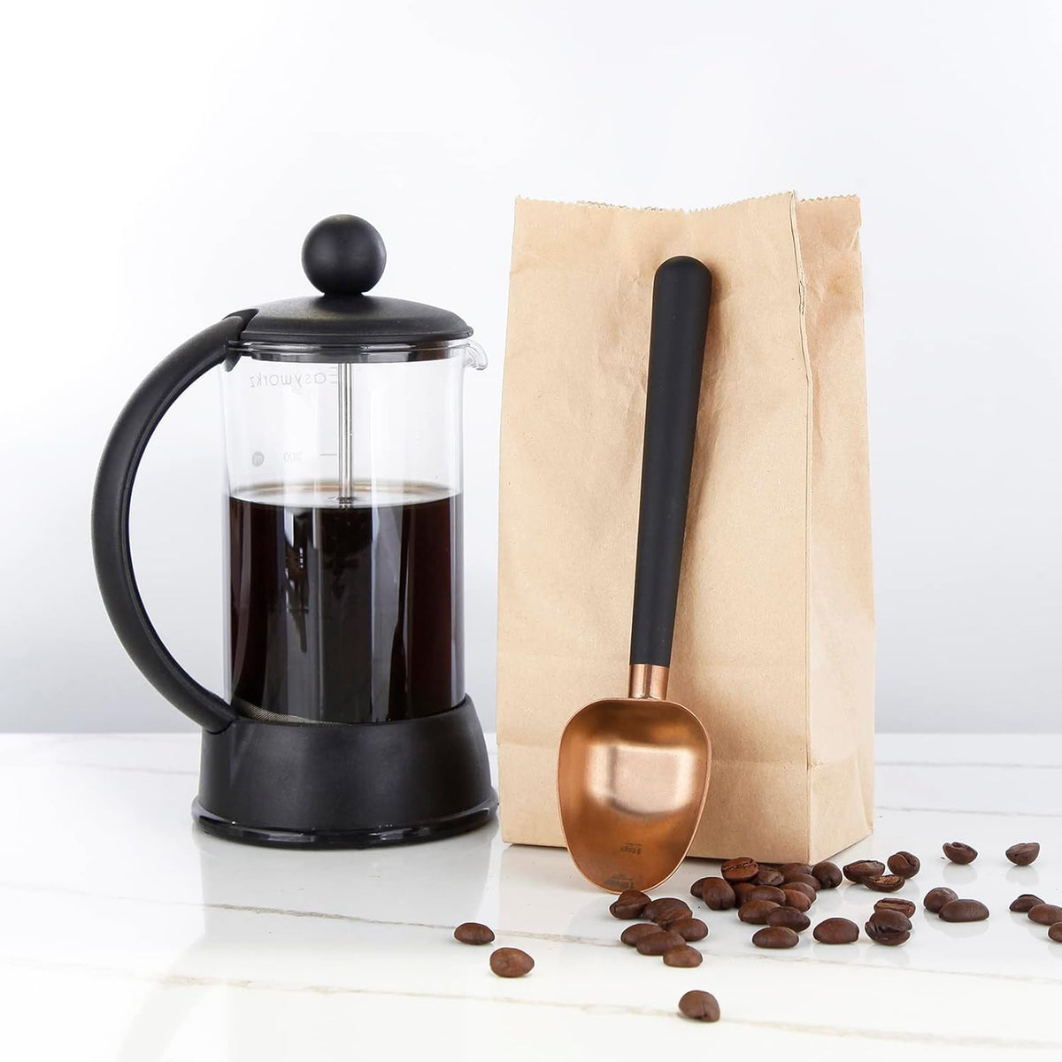 Easyworkz Stainless Steel Long Hollow Handle Coffee Scoop,7g Measuring Spoon for Ground Coffee and Loose Leaf Tea, Rose Gold-Black