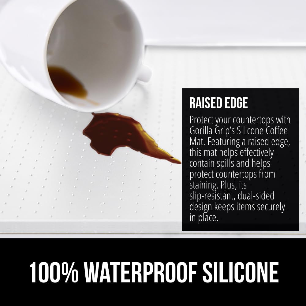 GORILLA GRIP Silicone Coffee Mat, Espresso Drink Bar Station Accessories, Use Under Machine, Waterproof Heat Resistant Multi-Use Dish Drying Mats, Stays in Place, Kitchen Home Decor, 11.5x18.5, White