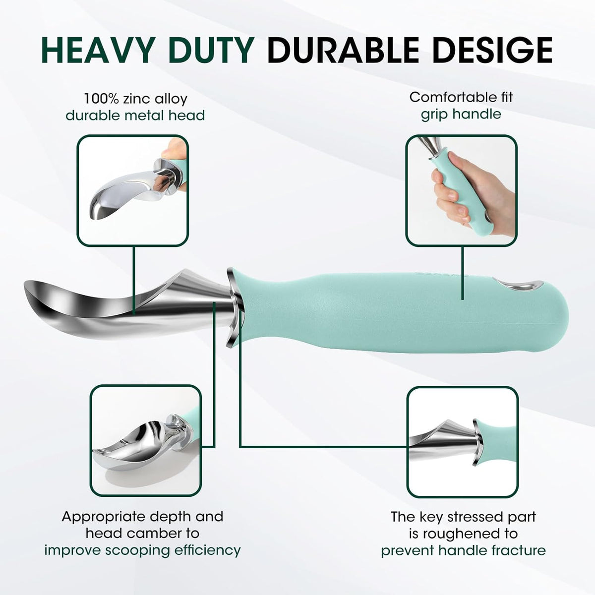 Beneno Heavy Duty Ice Cream Scoop - Upgraded Anti-Fracture Design, Comfortable Grip Long Handle, Effortless Scooping & Dishwasher Safe, Mint