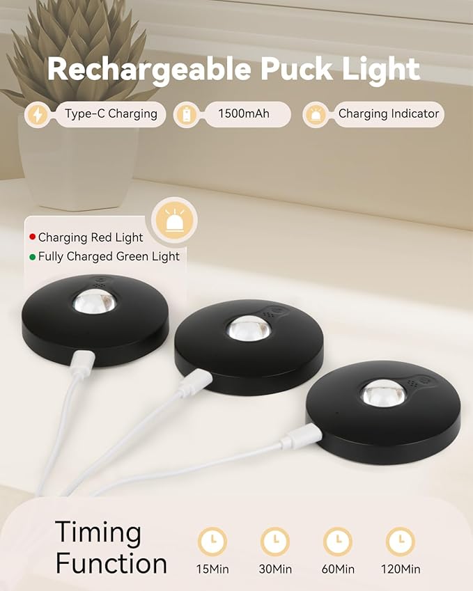 Rechargeable Puck Lights with Remote Control, 1500mAh Battery Operated Dimmer&Timer Under Cabinet Wireless Stick on Lights for Bedroom, Kitchen - Black 12Pcs