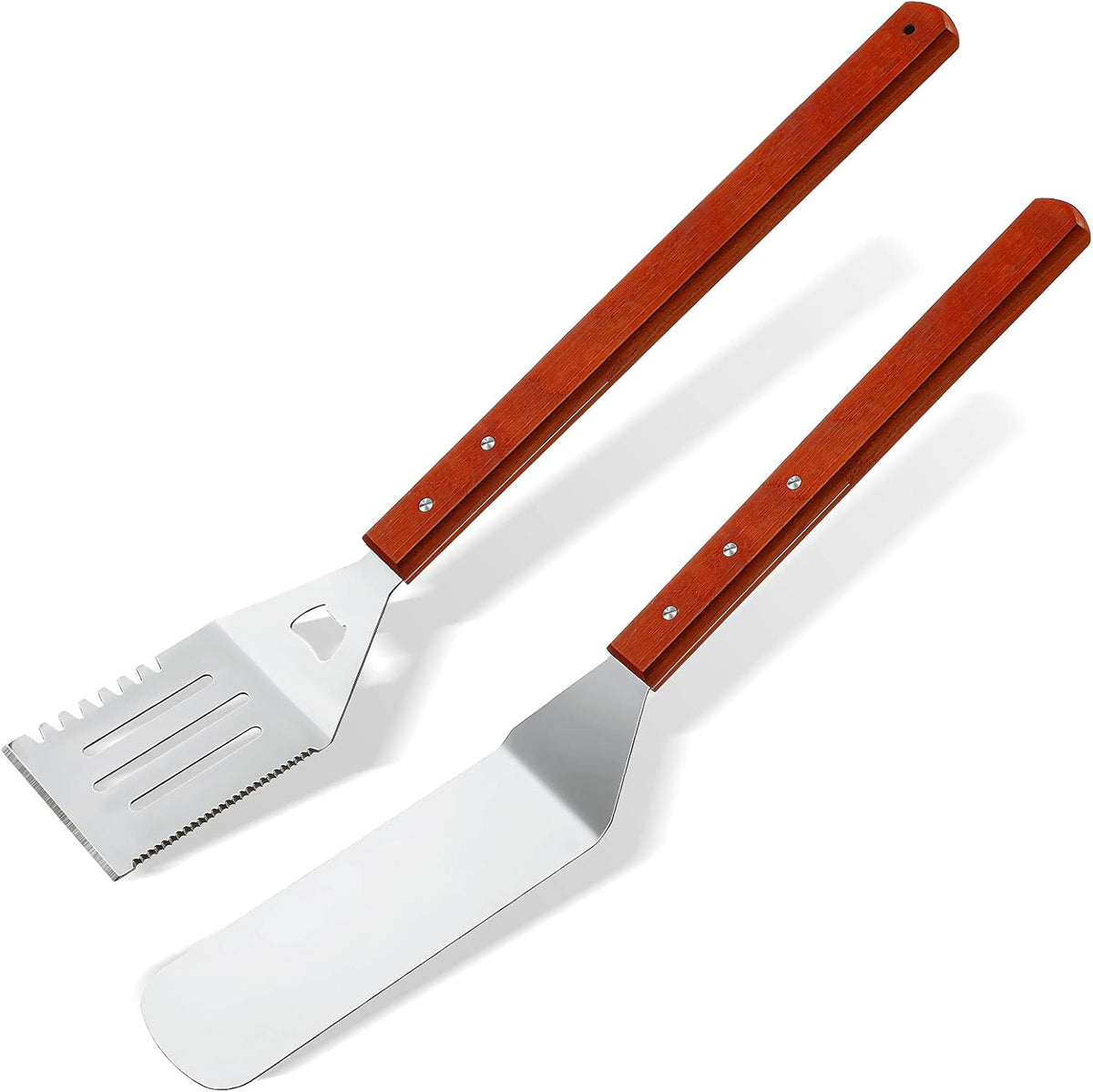 2 Pieces BBQ Extra Long Grill Turner and Grill Spatula, Stainless Steel Barbecue Grilling Accessories, Slotted Spatula and Solid Kitchen Spatula with Wooden Handle, 20 Inch