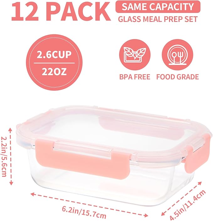 Glass Meal Prep Containers 12-Pack, 22oz Glass Food Storage Containers with Lids, Air-Tight, Leak-Resistant, Freezer to Microwave Safe-Pink Set