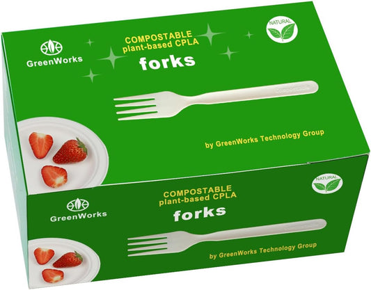 GreenWorks Heavy-duty Compostable Forks, BPI Certified 100 Count Large Disposable Cutlery Utensils Silverware Flatware Fork