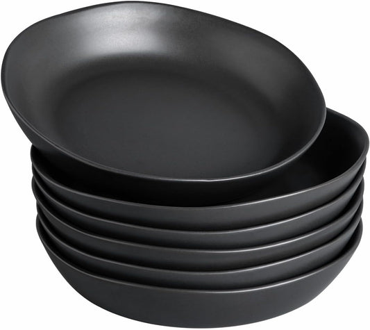 AmorArc 9.75'' Large Ceramic Pasta Bowls, 38oz Stoneware Wide Serving Bowls Set of 6 for Kitchen, Oven, Microwave&Dishwasher Safe Bowls with Wavy Rim for Fruit Pasta Salad Meal, Matte Black