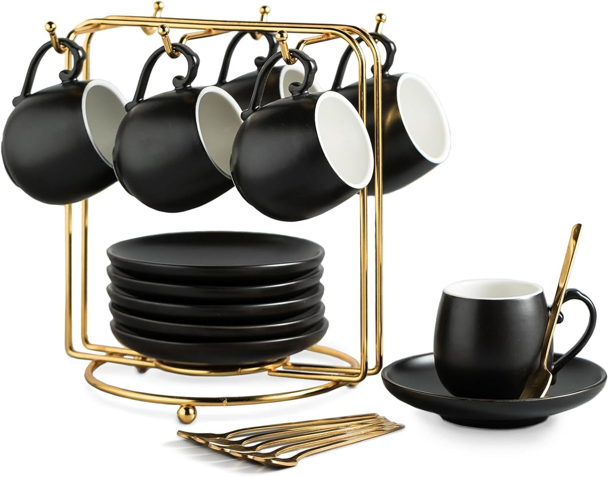 LYEOBOH Espresso Cups and Saucers Set, Ceramic Coffee Cup 3 Ounces Small Demitasse Cups Espresso Mugs with Spoons & Metal Stand for Cappuccino, Latte, Tea, Set of 6, Black