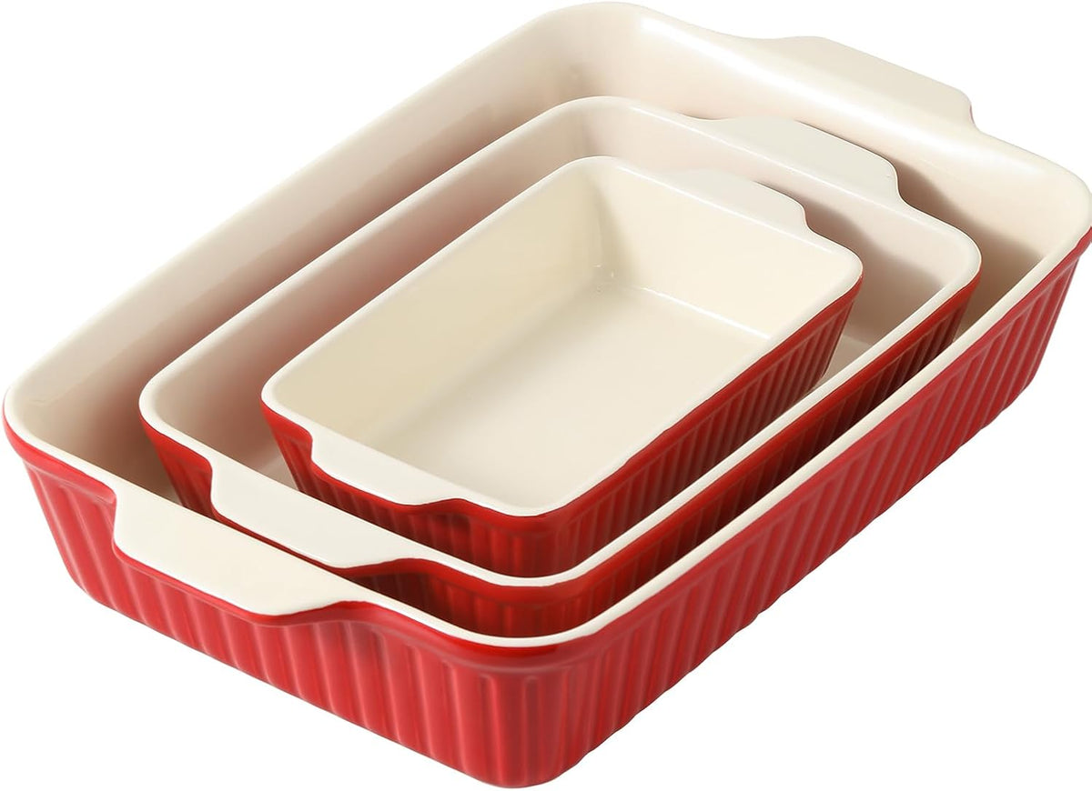 DOWAN Casserole Dishes for Oven, Set of 3 Rectangular Ceramic Baking Dishes, 135 oz Capacity, Red (15.6''/12.2''/8.9'')