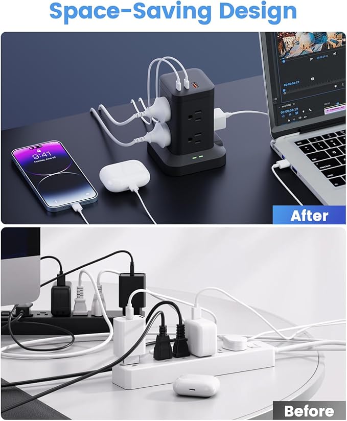 Power Strip Tower with Surge Protector 1800J, Fast Charging Tower PD20W USB-C Ports with 8 AC Outlets, 6ft Extension Cord for Home Office Dorm Room, Black