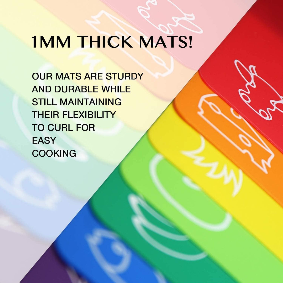 Fotouzy Plastic Cutting Boards for Kitchen, Flexible Cutting Mats Set of 7 with Food Icons, BPA-Free, Upgrade 100% Anti-skid, Dishwasher Safe, 15x12 In, Rainbow Colors