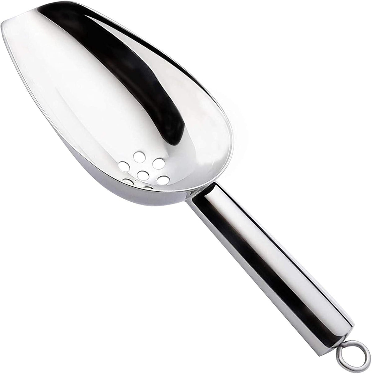 JBscoop Ice Scoop with Holes. Stainless Steel Ice Scoop with Drain Holes to Reduce Unwanted Dilution. Heavy Duty and Dishwasher Safe. Six Ounce Capacity.