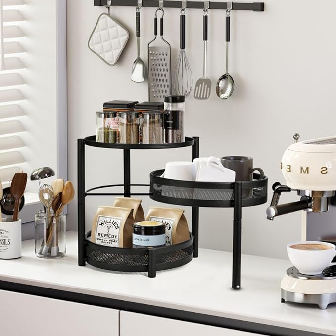 IBERG Spice Rack with Rotating Turnable Tier, Versatile Countertop Organizer for Kitchen Bathroom Accessories (Black)