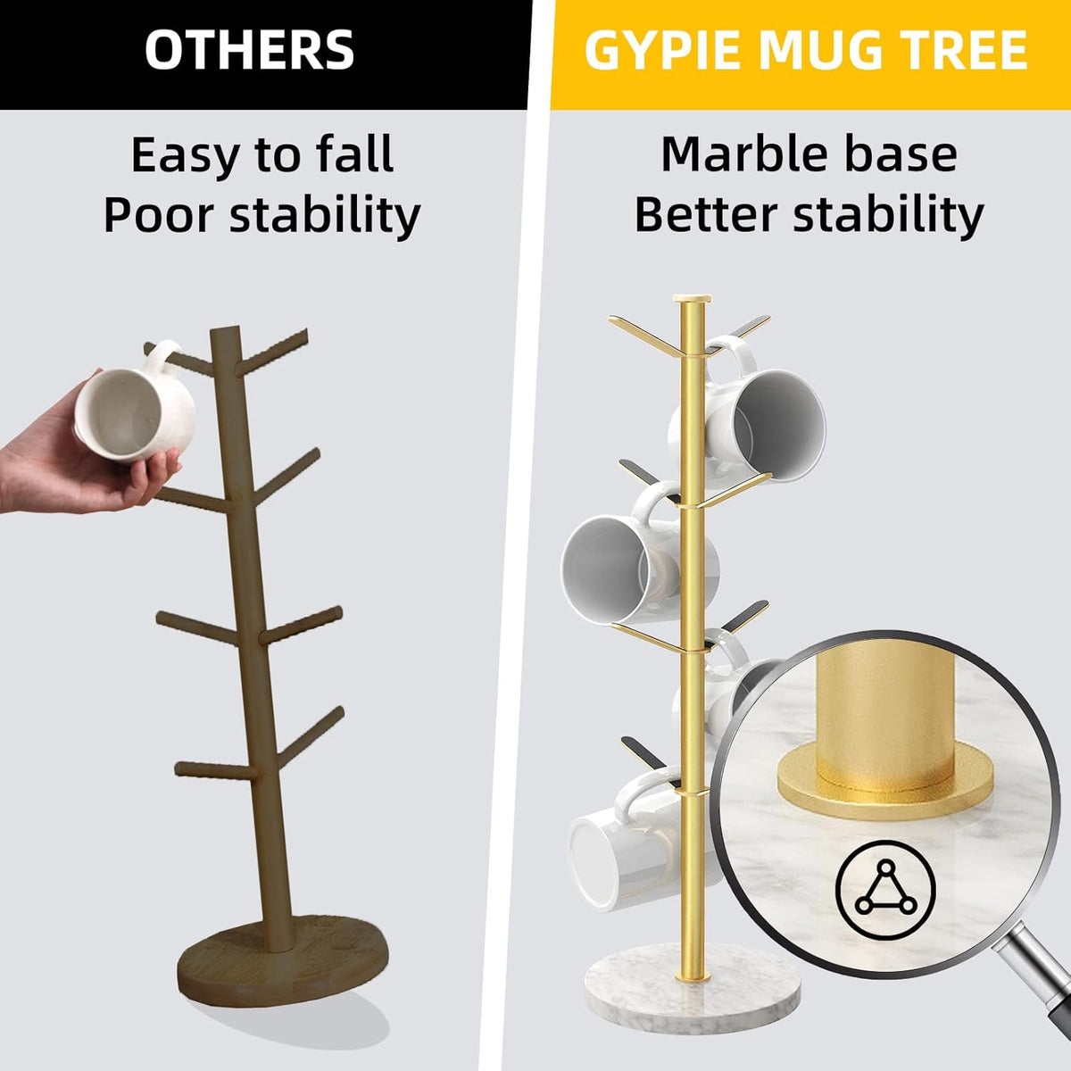 Gold Mug Holder Tree with Marble Base, 8 Hooks Coffee Cups Holder Stand, New Upgrad Stable Removable Mug Rack for Kitchen Cafe