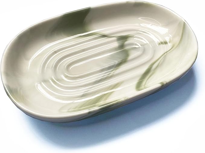 Soap Dish Ceramic, Decorative Ceramic Soap Holder with Unique Marble Textures, Bar Soap Holder for Shower, Bathroom, Kitchen, Tubs, Sink, Hotels, Counters (Green Texture)