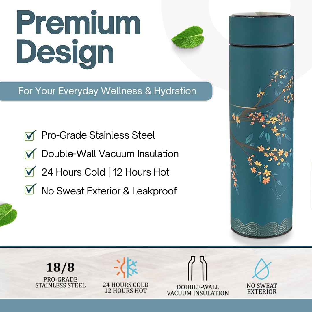 Farasi Tea Infuser for Loose Leaf Tea Smart Water Bottle with Fahrenheit Temperature Display, Stainless Steel Insulated Coffee and Fruit Tea Infuser Bottle - Green Floral Travel Tea Mug 15 oz