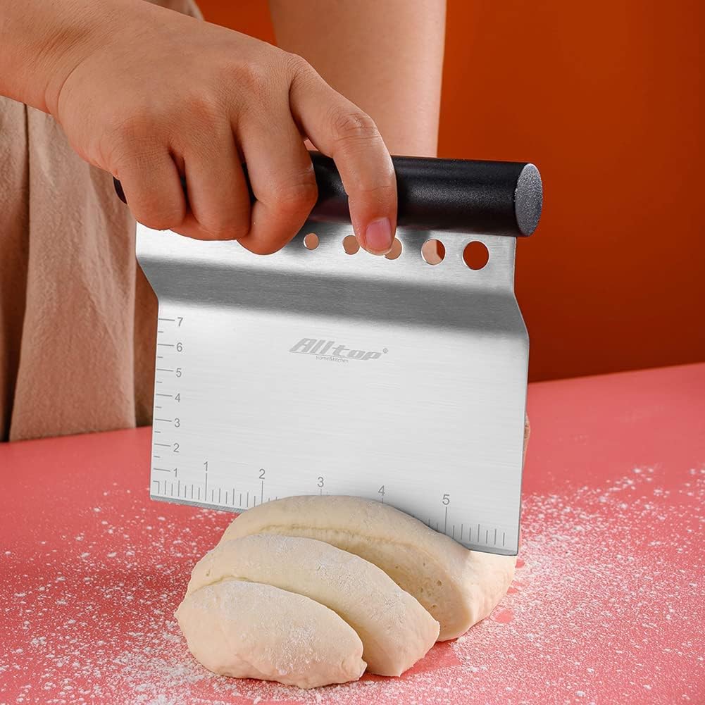 ALLTOP Bench Scraper & Chopper with Herb Stripper,Stainless Steel Multipurpose Kitchen Baking Tool for Bread Dough Pastry Cake -Leaf Remover with Plastic Handle &Upgraded Protective Cover