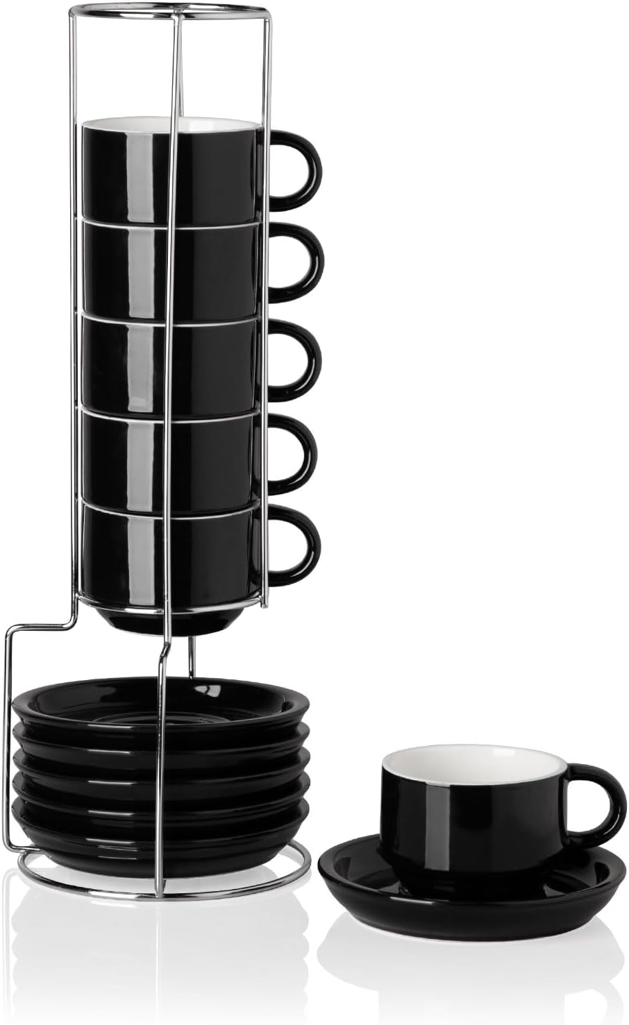 Sweejar Ceramic Espresso Cups Set of 6, Espresso Cup Stackable, 4 Oz Stackable Cappuccino Cups with Saucers and Metal Stand for Coffee Drinks, Americano, Latte, Tea (Black)