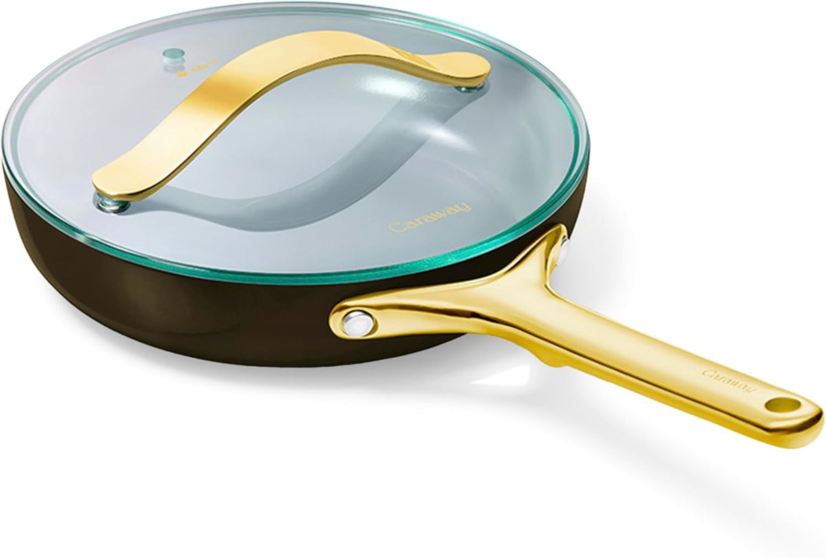 Caraway Nonstick Ceramic Frying Pan With Glass Lid (2.7 qt, 10.5") - Non Toxic, PTFE & PFOA Free - Oven Safe & Compatible with All Stovetops (Gas, Electric & Induction) - Black