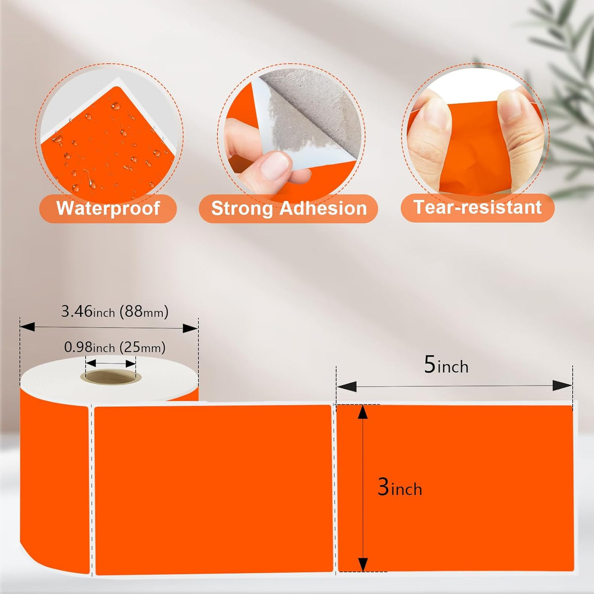 3 X 5 Inch Printable Waterproof Rectangle Color Coding Labels, 300 Per Roll Adhesive Color Coding Stickers for Bar-Codes, Address, Small Business Labeling, Fluorescent Orange