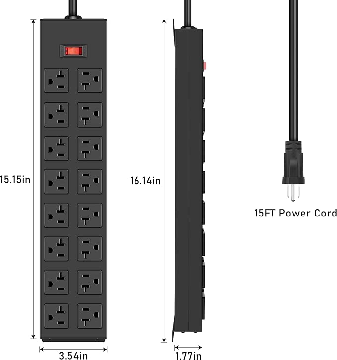 JUNNUJ Heavy Duty 20 Amp Power Strip, Garage 16 Outlets Metal 12 Gauge Surge Protector 3000J, High Amp 5-15P Adapter Shop 6-20R T-Slot Industrial Outlets (16AC, 15FT)