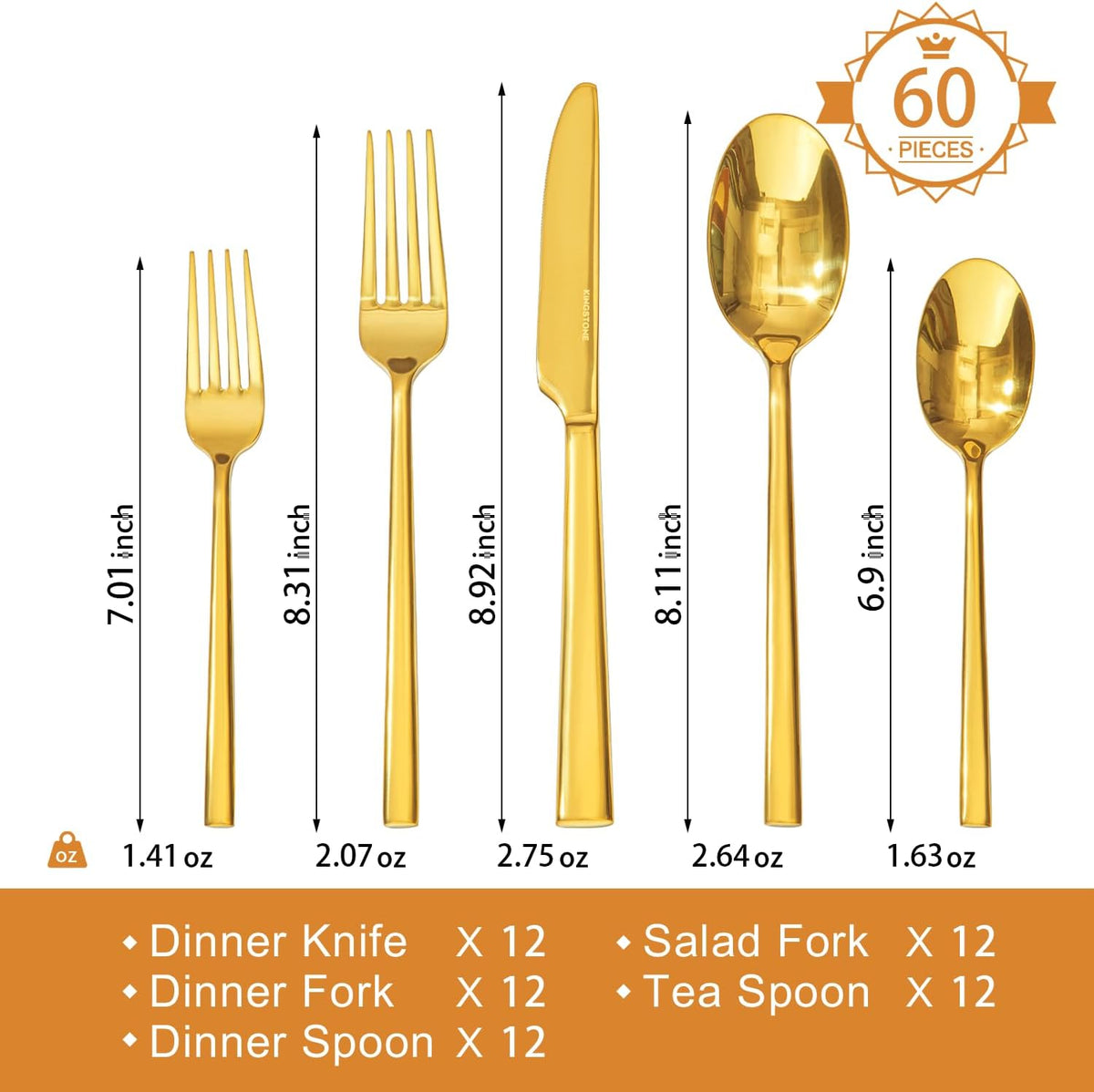 KINGSTONE Gold Silverware Set, 60-Piece Forged Flatware Set Cutlery Set Premium Stainless Steel, Service for 12, for Kitchen, Home, Wedding, Party, Mirror Polished and Dishwasher Safe