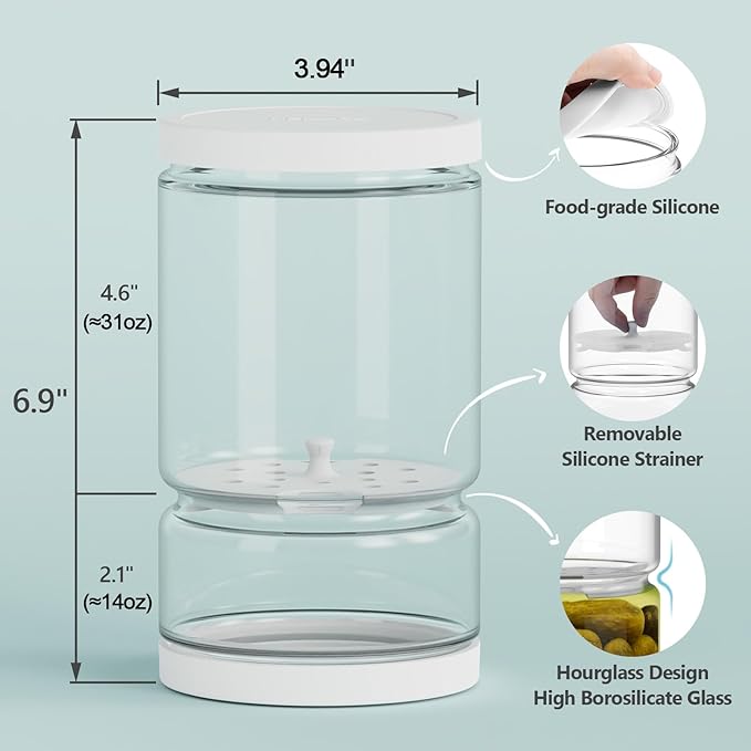 Glass Pickle Jar with Strainer for Pickle Lover - 45 Oz Leakproof and Airtight Juice Separator for Olive, Gherkin, Chilli, BPA Free, Dishwasher and Refrigerator Safe (White&Blue, 45oz*2pcs)