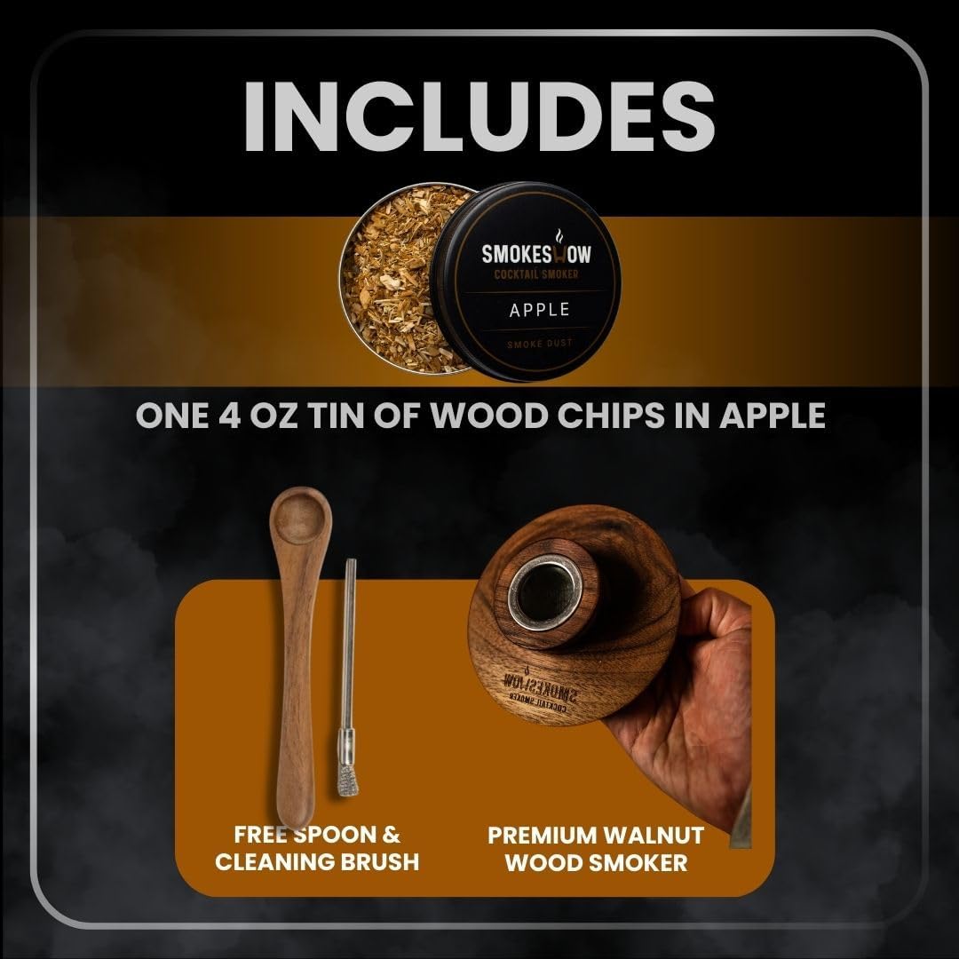 Premium Walnut Wood Cocktail Smoker with One 4 oz Tin of Wood Chips. Great for Whiskey & Old Fashion. Coated in Safe Food Natural Beeswax, Non-toxic Top by Smokeshow (Apple)