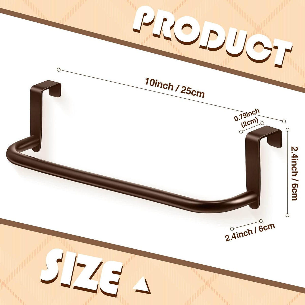 2 Pieces Metal Towel Bar Kitchen Cabinet Steel Towel Rack Bar for Hanging on Inside or Outside of Doors, Home Kitchen Bathroom(Brown)