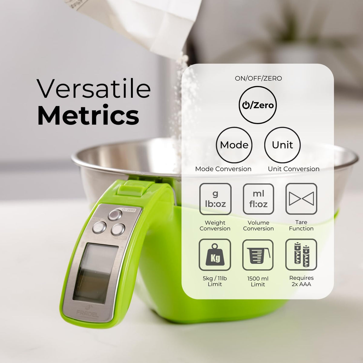 Fradel Digital Kitchen Food Scale with Bowl - 11lb, Grams & Ounces - Removable, Dishwasher-Safe Mixing Bowl - Green