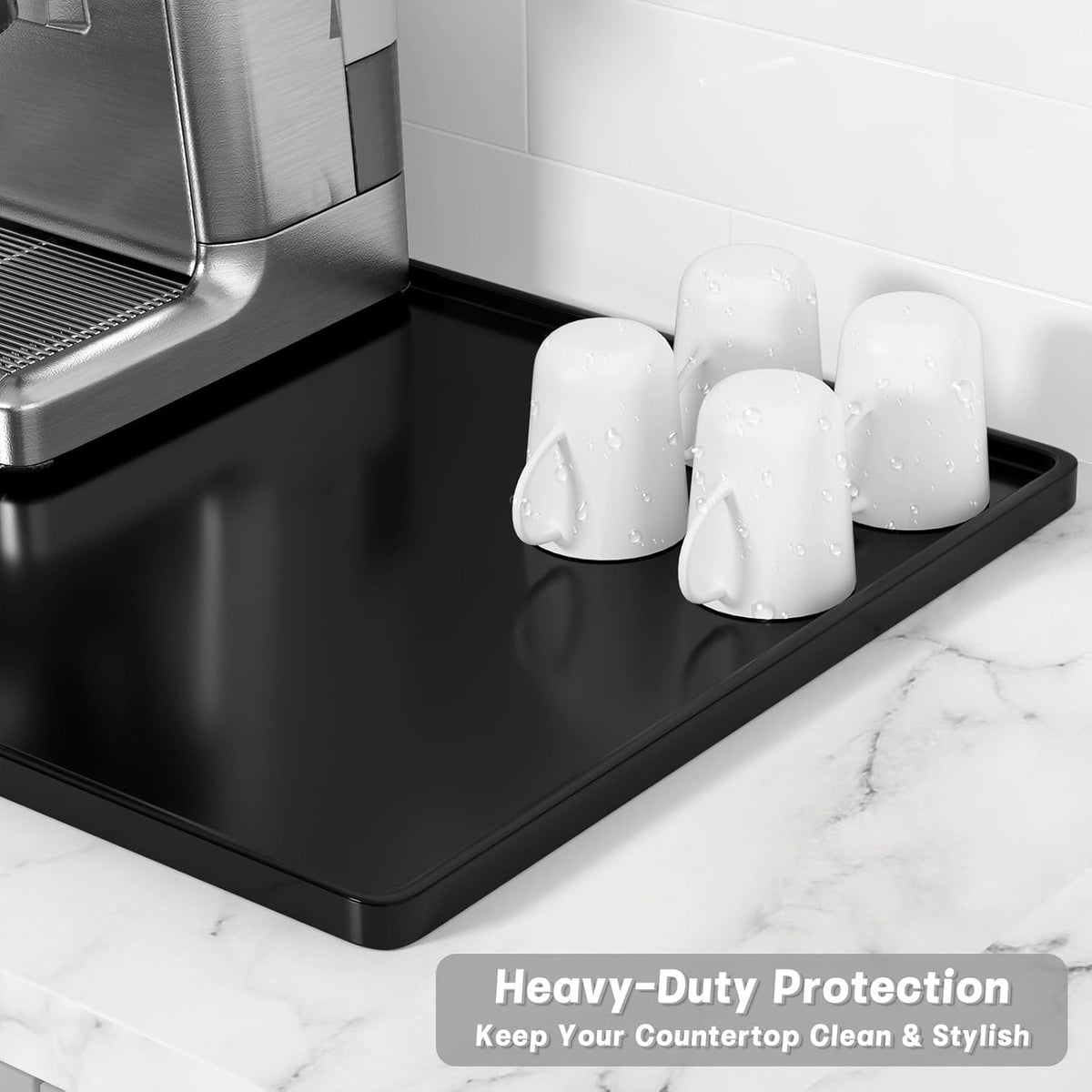 Rnivvi Silicone Coffee Mat, 12" x 19" Waterproof Raised Edge Coffee Bar Mats for Espresso Machine Station Accessories, Heat Resistant Dish Drying Pad for Kitchen Counter, Rubber Bar Decor Pad, Black