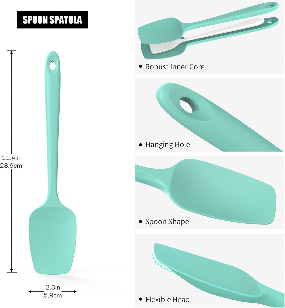 Heat Resistant Silicone Spoon Spatula, Doosu 600°F High Temp Flexible Cooking Spoons Kitchen Rubber Spoonula Scratch-Proof for Mixing Stirring Scraping Serving Non-Stick Cookware (11.4in, Aqua Sky)