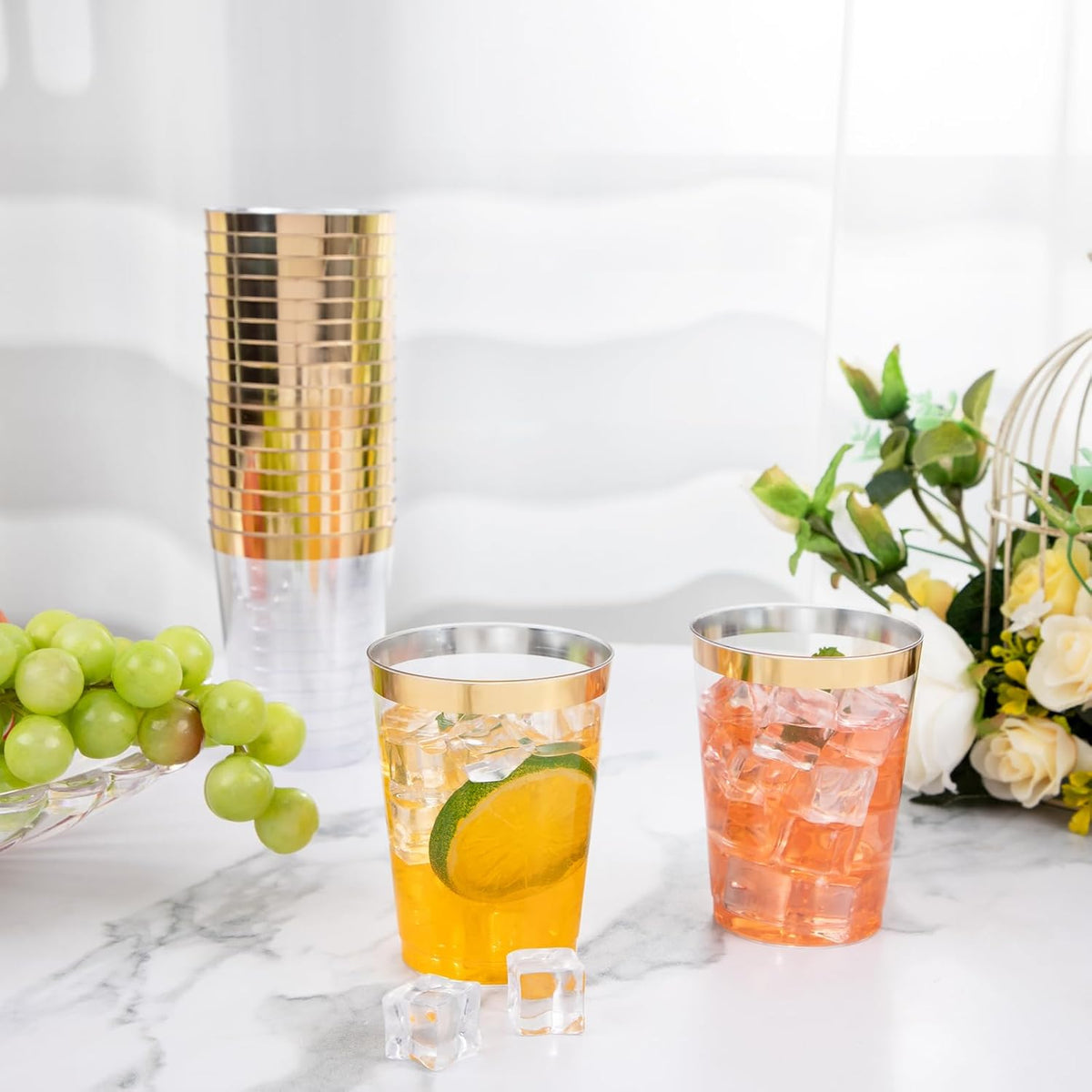 I00000 100PCS Gold Plastic Cups,10 oz Clear Plastic Cups with Gold Trim, Gold Plastic Beer Mugs，Disposable Hard Plastic Cups For Party, Premium Gold Rimmed Plastic Cups Perfect for Wedding & Party