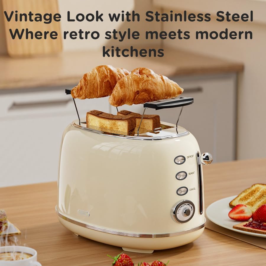 Toaster Retro 2 Slice, Vintage White Toaster with Lid, with Bread Attachment, Preheat, Defrost And Cancel Functions, 6 Browning Levels (Beige)