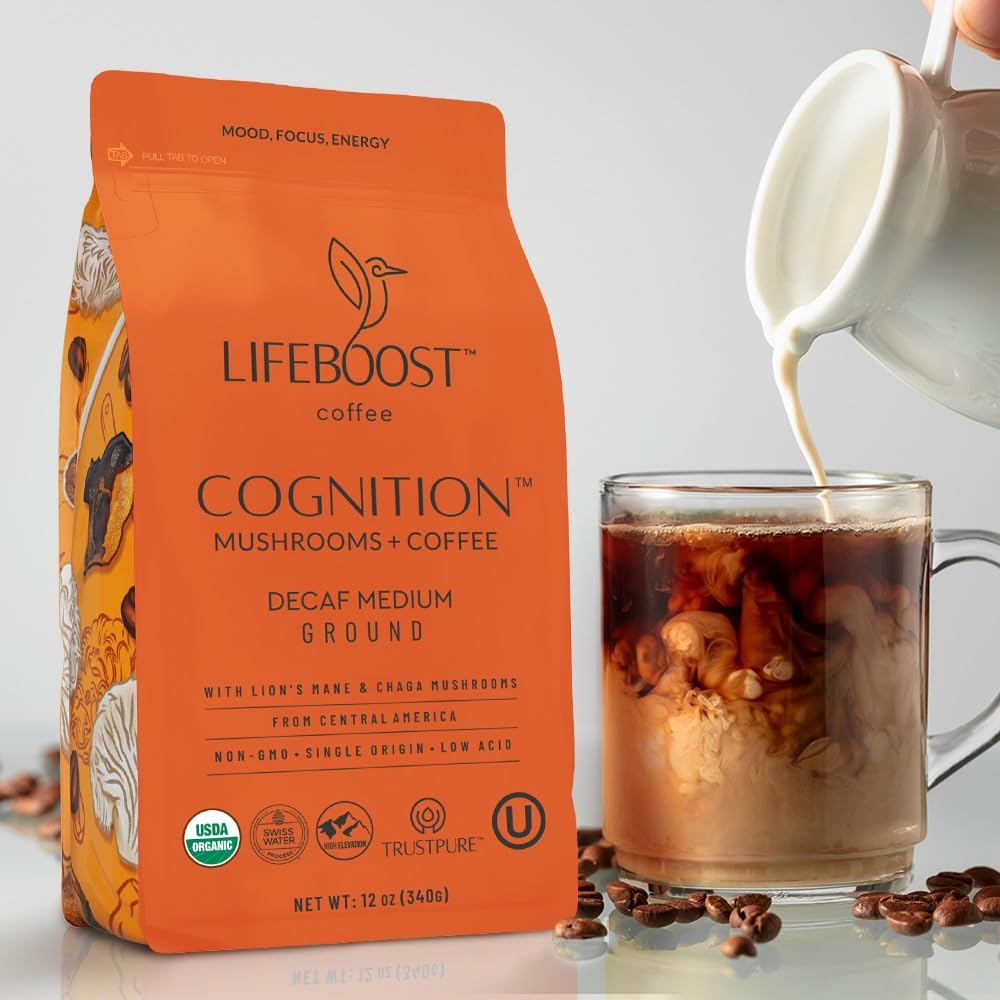 Lifeboost Cognition Decaf Mushroom Coffee - Low Acid Decaf Medium Organic Coffee with Lions Mane & Chaga Mushrooms - Increase Energy, Boost Focus & Immune Support - 12 oz Bag - Ground