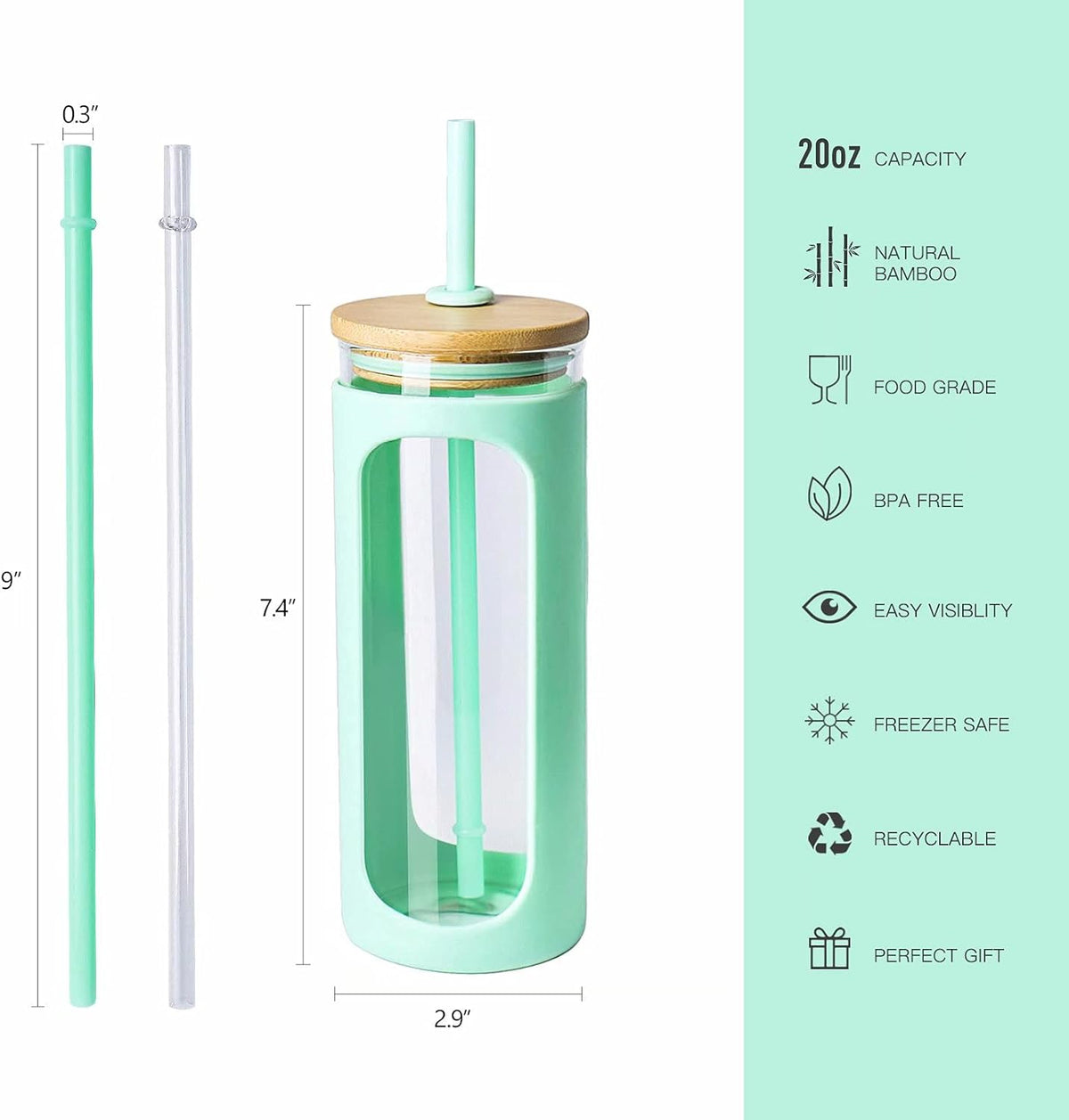 Kodrine 20oz Glass Tumbler with Straw and Lid, Iced Coffee Cups with Bamboo Lids, Glass Cups for Cold Drinks, Smoothie Cup with Silicone Sleeve for Travel, Work, BPA FREE-Light Green