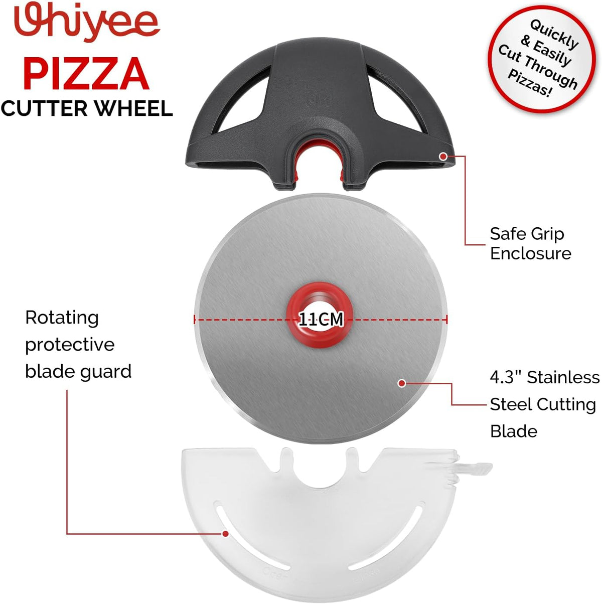 Pizza Cutter Wheel, UHIYEE 4.3" Large Pizza Slicer Wheel with Safety Blade Cover, Super Sharp Stainless Steel Pizza Wheel Slices Effortlessly, Easy Cleaning Pizza Cutters Dishwasher Safe, Gray