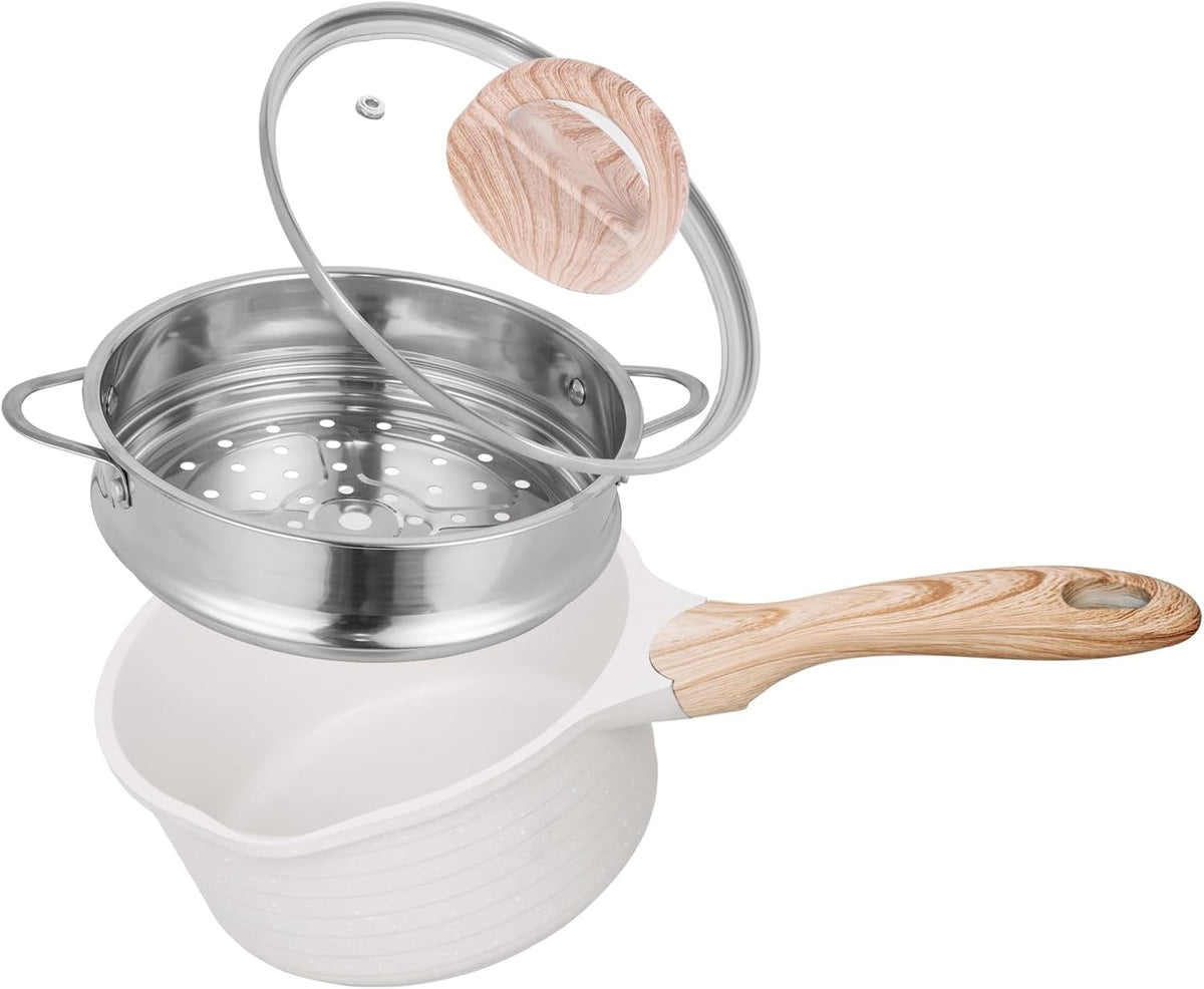 JEETEE 2.5 Quart Saucepan with Steamer Basket, Small Sauce Pot with Lid，Nonstick Coating with Pour Spout, Induction Compatible Cookware Sauce Pan for Cooking, PFOA/PFOS Free