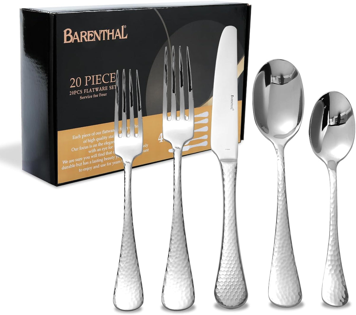 Flatware Set for 4, Barenthal Heavy Duty Silverware Set 20 Piece, Mirror Finish, Dishwasher Safe, Hammered Premium 18/10 Stainless Steel Cutlery Set for Home Restaurant Wedding Party, Gift